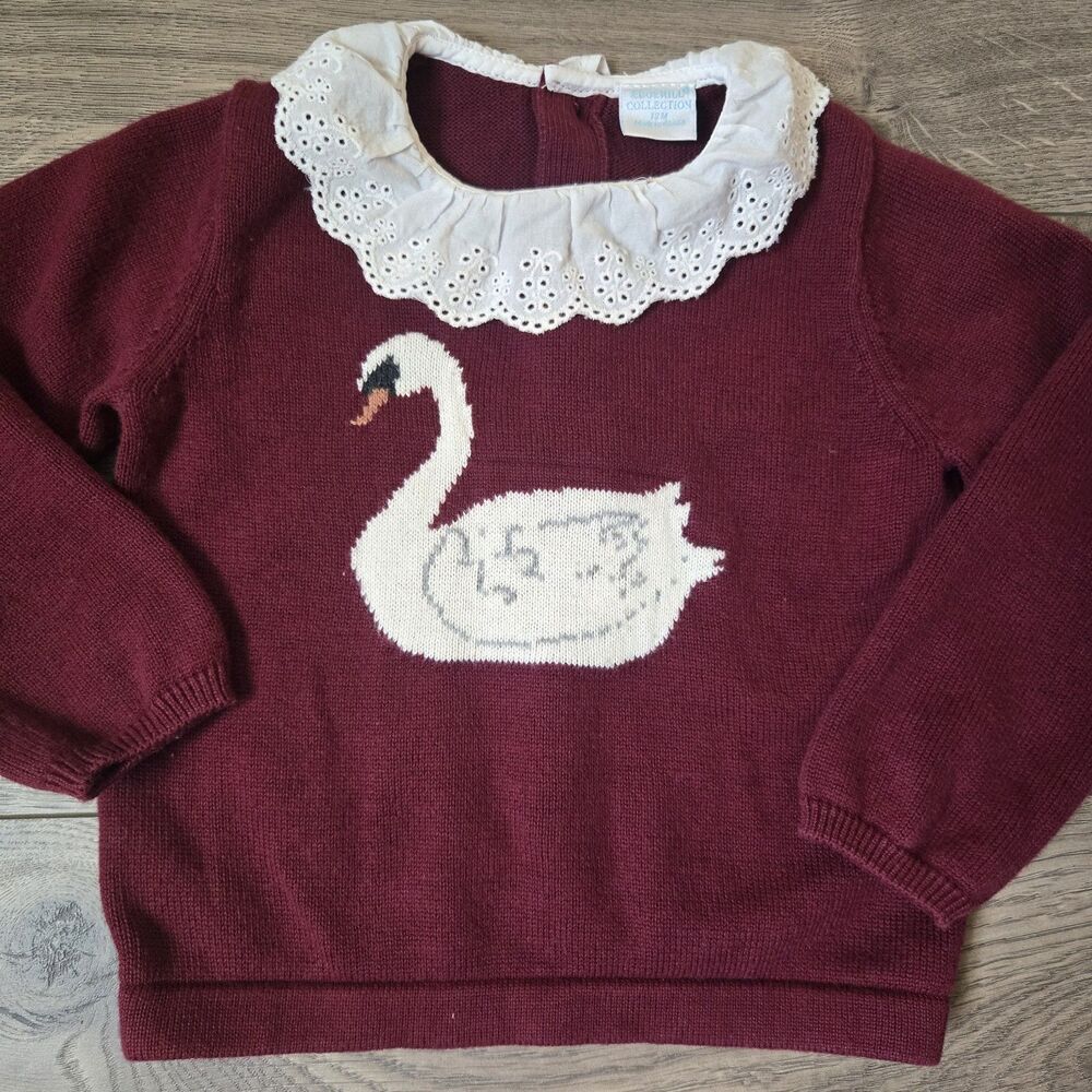 Edgehill Collection 12M Swan Knit Sweater Maroon Eyelet Peter Pan Collar Prairie